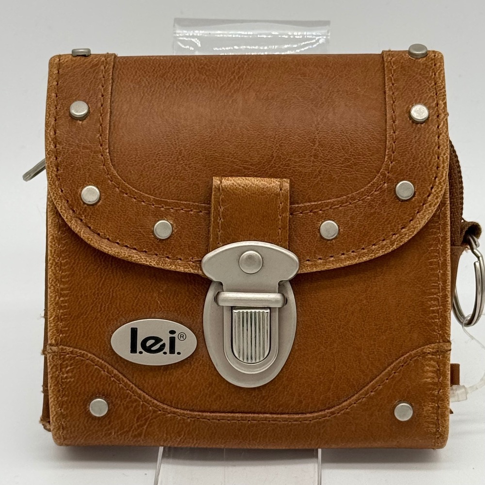 Vintage Y2K lei Studded Trifold Wallet Detachable Coin Purse Brown Deadstock New